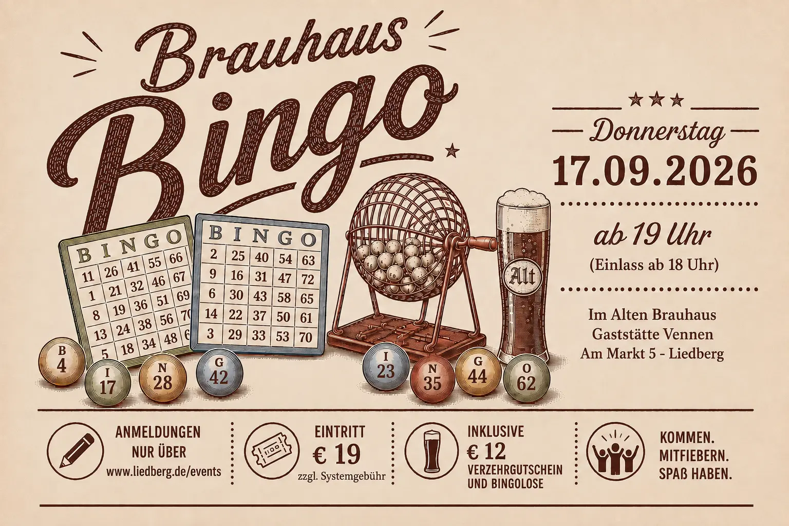 Offizielles Plakat zum Brauhaus Bingo am 17. September 2026