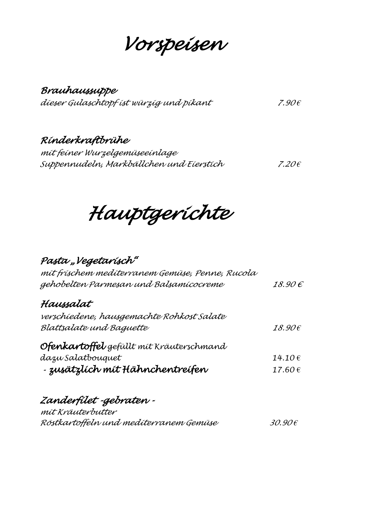 Original-Speisekarte Seite 1 mit Vorspeisen, vegetarischen Gerichten, Salat, Ofenkartoffeln und Zanderfilet samt Preisen