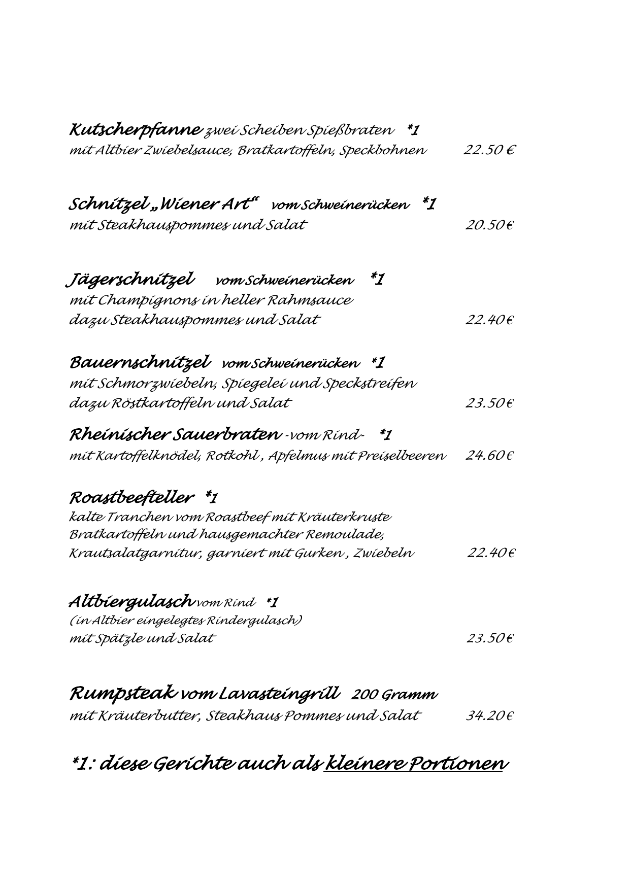 Original-Speisekarte Seite 2 mit Brauhausklassikern, Schnitzeln, Sauerbraten, Gulasch und Rumpsteak samt Preisen